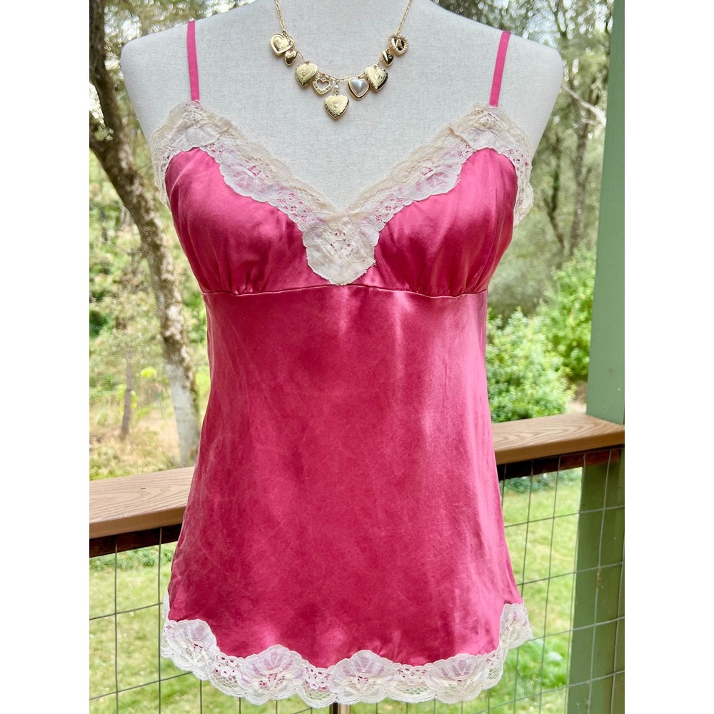 Vtg Y2K Going out top Dusty Pink 100% Silk Lace Trim Camisole Medium
